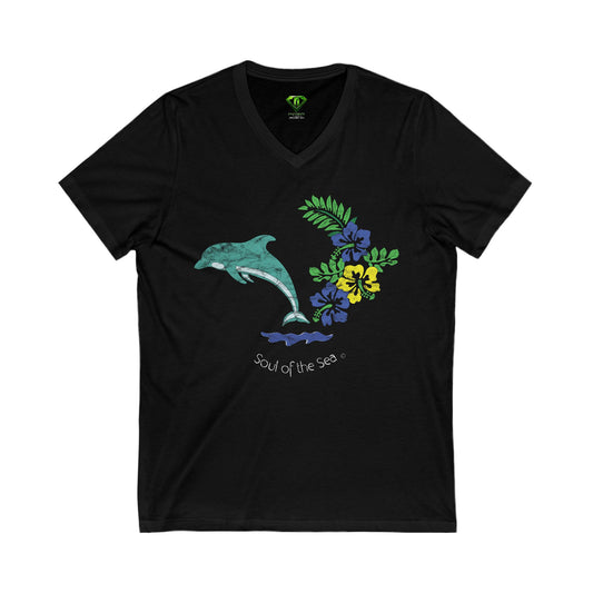 Dolphin Flowers, Unisex Jersey Short Sleeve V-Neck Tee