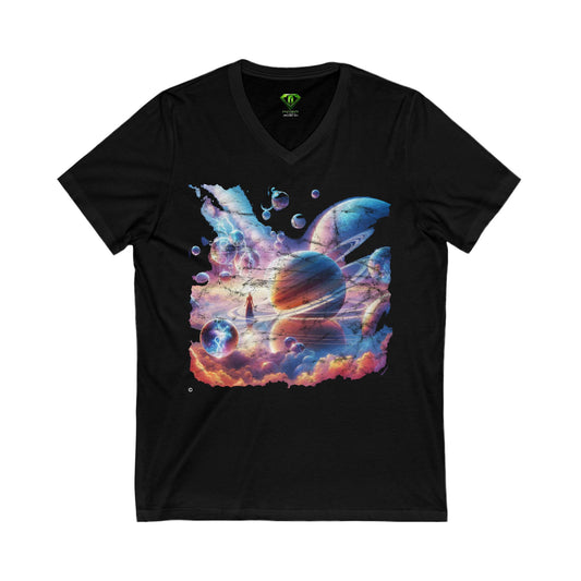 Olyra Galaxy Worlds, Unisex Jersey Short Sleeve V-Neck Tee