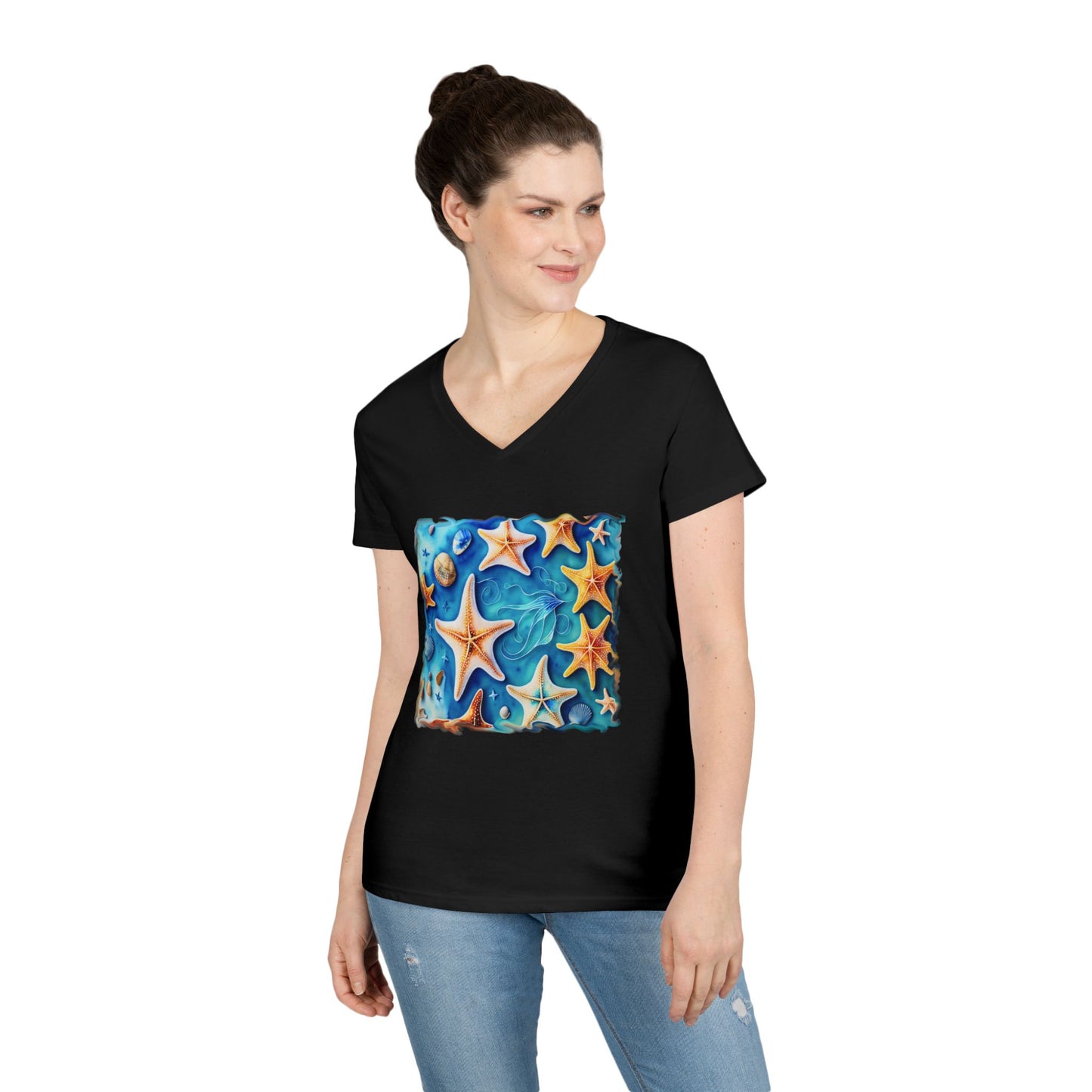 Star Fishes, stylish Ladies' V-Neck T-Shirt