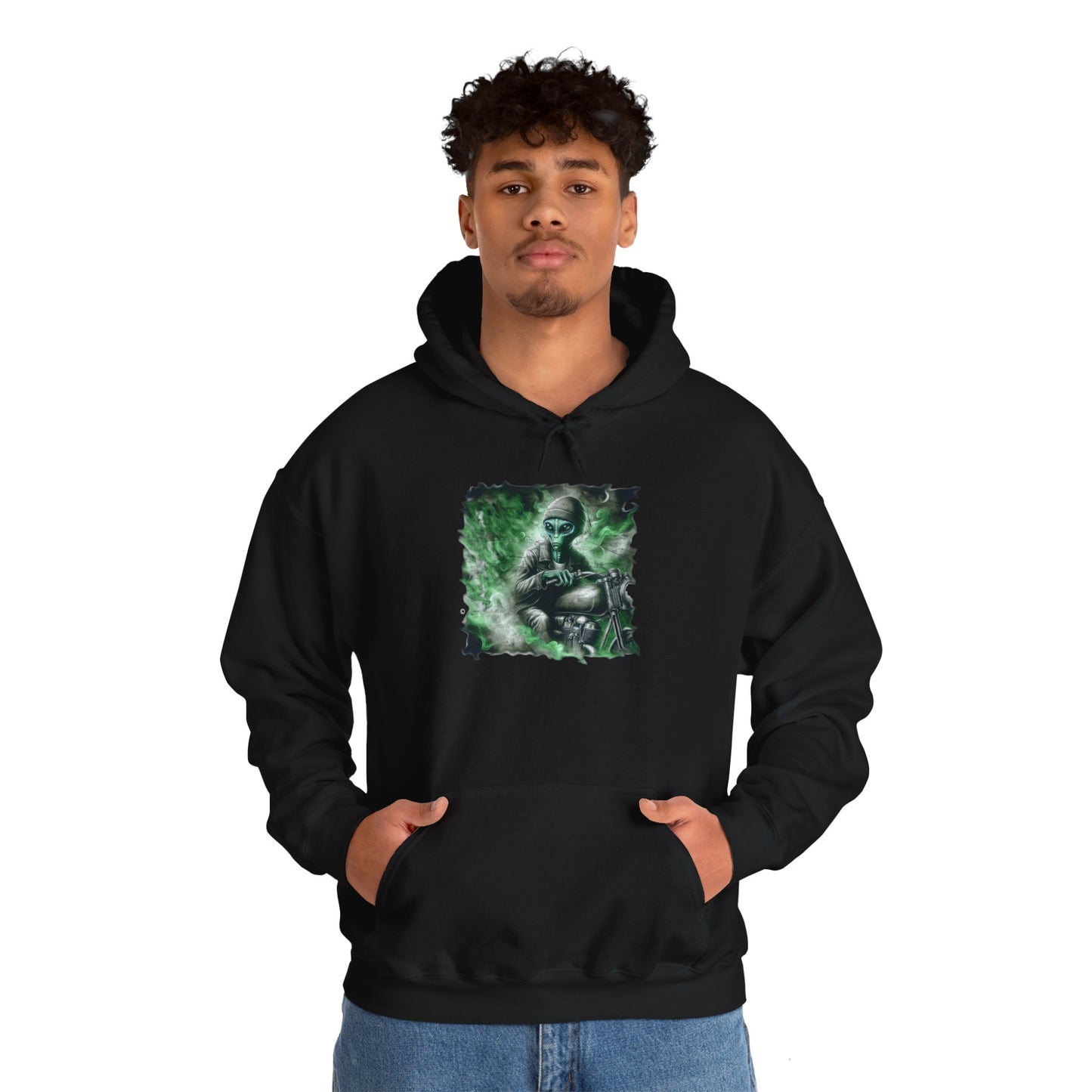 Cool Alien Biker Hoodie, Unisex Gildon Heavy Blend™ Hooded Sweatshirt