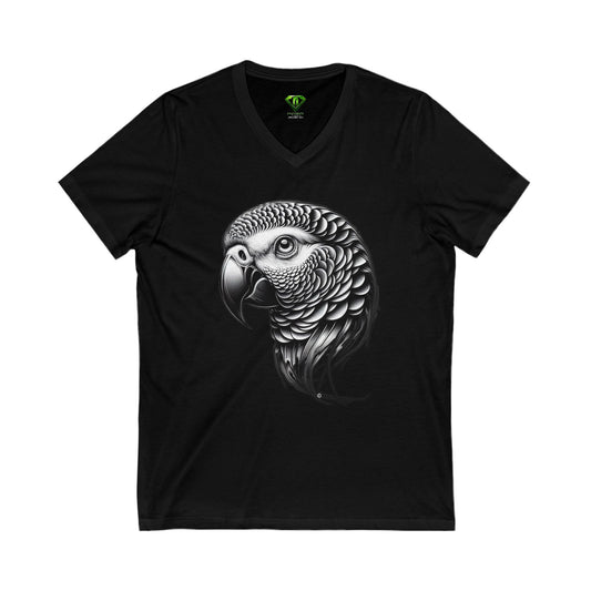 African Grey, Unisex Jersey Short Sleeve V-Neck Tee