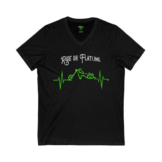 Ride or Flatline, Unisex Jersey Short Sleeve V-Neck Tee