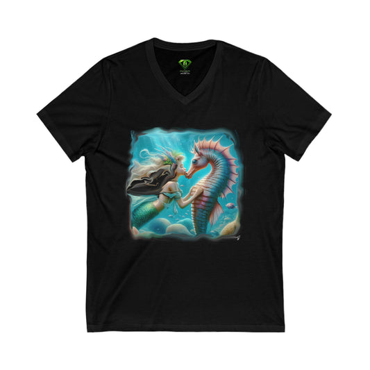 Kissing Seahorse, Unisex Jersey Short Sleeve V-Neck Tee